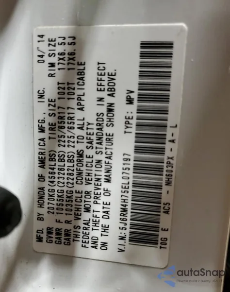 2014 Honda Cr-V Exl from USA, damaged, VIN 5J6RM4H75EL075197